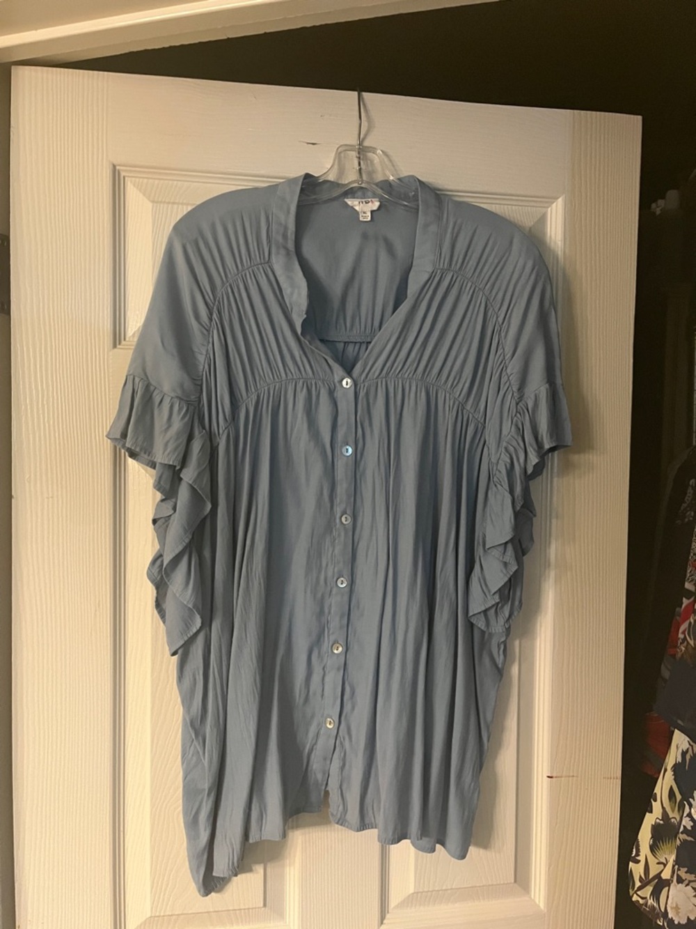 BiBi Soft Blue Button-Front Ruffle Sleeve Blouse